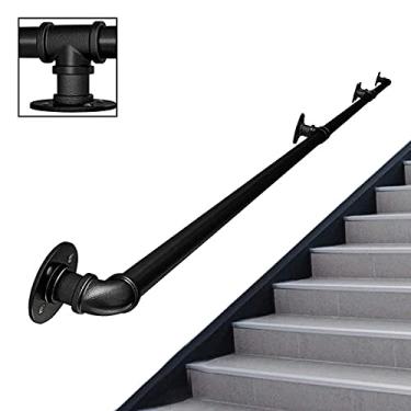 Imagem de Corrimão de escada - kit completo. Tubo de ferro de vento industrial para idosos, para corredor interno e externo sótão, preto (tamanho: 5,5 m)