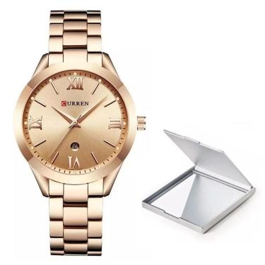 Imagem de Kit Relógio Feminino Dourado Rose Analógico Curren + Espelho-Feminino