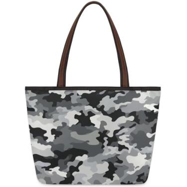 Imagem de Bolsa grande feminina camuflada, cinza, tecido de trabalho, com zíper, reutilizável, bolsa de mão, casual, para viagem, trabalho, férias, praia, compras, academia, presentes