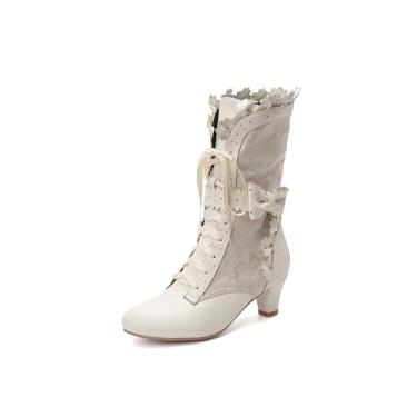 Imagem de Blano Lofor Botas Vitorianas Femininas Salto Grosso Cadarço Bonito Laço Nó Fantasia Cosplay Bruxa Renascença Medieval Botas Góticas Vintage Personagem Gótica Dança Kawaii Sapatos Lolita, Botas bege de