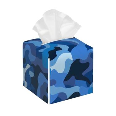 Imagem de Capa quadrada de couro para caixa de lenços de papel, impermeável, camuflada, impressão, azul, organizador de papel facial com cinto inferior, estojo de lenços para mesa, banheiro, escritório, mesa