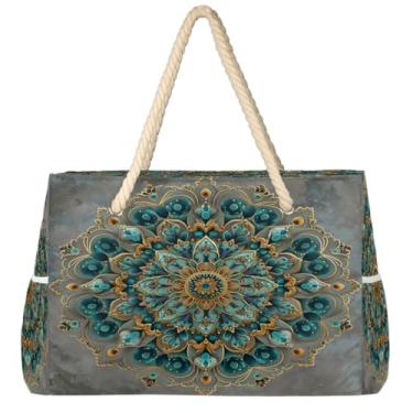 Imagem de hongjinglin Bolsa de praia grande, leve, dobrável, mandala, amarela, étnica, para piscina, bolsa de ombro, Cor 17, Large