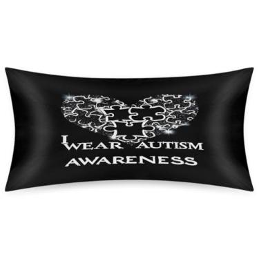 Imagem de Fronha King Size de cetim de seda para cabelo e pele, macia, antiderrapante, refrescante, preta, autismo, coração, com fecho de envelope para dormir, mulheres, homens, crianças, 50,8 x 101,6 cm, 1