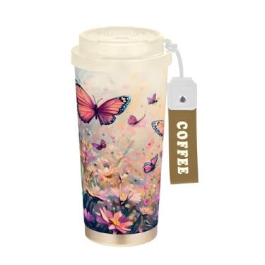 Imagem de SEHANY Caneca de viagem borboleta e flores de 482 ml Copos de café reutilizáveis revestidos de cerâmica com tampa à prova de vazamento, parede dupla, isolamento a vácuo, copo de café de aço inoxidável