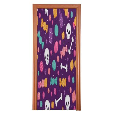 Imagem de Blueangle Capa de porta elástica com estampa de caveira e doces - Faixa de porta frontal de tecido elástico para Halloween, decoração de festa em casa ao ar livre (768)