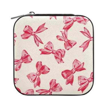 Imagem de SEHANY Caixa de joias personalizada com laço rosa para mulheres, meninas, mini estojo de joias de couro PU, organizador de joias de viagem, caixa de joias para brincos, anéis, colares, presentes para