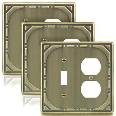 Imagem de Combinação de metal para interruptores de luz, placa de parede, 1 interruptor/1 placa de interruptor duplex, capas de tomada decorativas de latão antigo para 2 placas de parede - estilo retrô clássico
