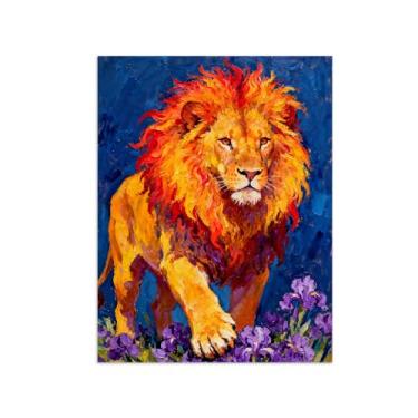 Imagem de Animais Pintura Arte Parede - Leão em Flores - Impressões em tela - Moderno Colorida Pôster para decoração sala de estar 50x65cm Sem Moldura