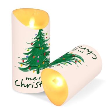 Imagem de Blueangle Pacote com 2 luzes coloridas para árvore de Natal, velas sem chamas com controle remoto e temporizador, velas LED cintilantes (7,6 cm x 15 cm) para decoração de casa, casamento, acampamento