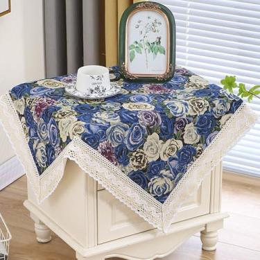 Imagem de Toalha de mesa quadrada pequena de cabeceira floral vintage, capa de mesa lateral rústica de fazenda com borlas de tecido, capa de mesa para quarto, cômoda, festa, decoração de casa - rosa azul 84 cm