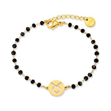 Imagem de Pulseira feminina do signo do zodíaco, pingente de signo do zodíaco de aço inoxidável dourado, pulseira de corrente de contas pretas e signo do zodíaco, presentes adequados para mulheres, One Size