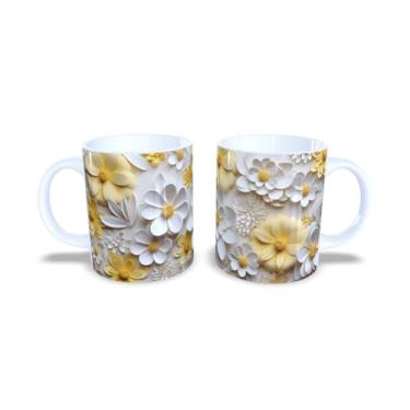 Imagem de Caneca de Cerâmica 325ml com Design de Flores 3D Coloridas, Estampa Floral Rosa, Azul e Amarelo (14133)