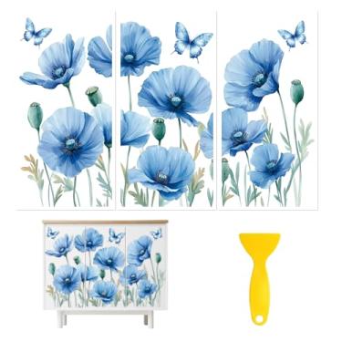 Imagem de Peacoblue Adesivo decalque de transferência para decoração de artesanato de móveis 15 x 30 cm papoula azul, 3 peças à prova d'água UV DTF transferência para gaveta cômoda vidro porcelana madeira