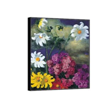 Imagem de Pintura de arte de parede de flores - imagem de decoração vintage - dálias brancas - impressões em tela de moldura preta para sala de estar 30 x 35 cm 12 x 13 pol