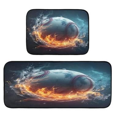 Imagem de xigua Conjunto de 2 peças de tapetes e tapetes de cozinha de beisebol de fogo no gelo, macio, absorvente para chão, tapete de cozinha, antiderrapante, conjunto de capachos, 50 x 120 cm + 50 x 70 cm
