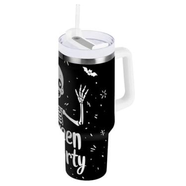 Imagem de STAYTOP Copo fofo de caveira de 850 g, feliz dia das bruxas, com tampa e canudo, à prova de vazamento, copo isolado de aço inoxidável durável com alça, garrafas de água à prova de derramamento para
