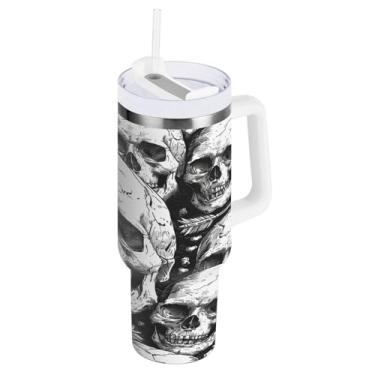 Imagem de Kigai Copo de caveira cinza de 1,134 g com tampa e canudo, copo isolado de aço inoxidável durável à prova de vazamento com alça, garrafas de água à prova de derramamento para viagens