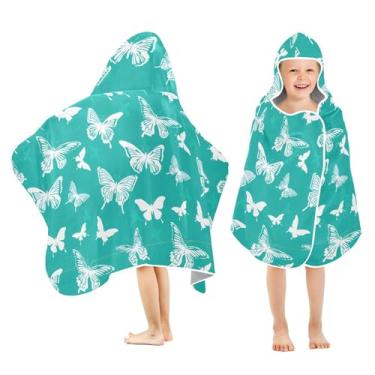 Imagem de Burbuja Toalha de banho com capuz borboleta em azul-petróleo para crianças, toalha de praia de pelúcia macia absorvente para meninas e meninos 3-10 anos, 61 x 127 cm
