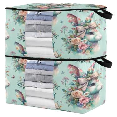 Imagem de Burbuja Bolsa de armazenamento de roupas de cabeça de coelho floral com tampas e alça, embalagem com 2 recipientes de armazenamento de cobertor dobrável com zíper resistente e janela transparente para