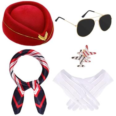 Imagem de baotongle 6 peças de acessórios de fantasia feminina de comissária de bordo de Halloween roupas de aeromoça chapéu cachecol luvas de óculos de sol (vermelho)