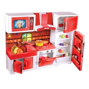 Imagem de Cozinha de Brinquedo com Geladeira, Fogão, Micro-ondas Interativo, Vermelha com Branco, Plástico, 64x18x83cm, para Crianças a partir de 3 Anos