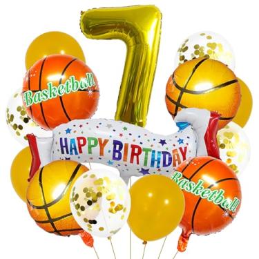 Imagem de Balão dourado de basquete número 7. Balões de alumínio de 7º aniversário, balões coloridos de 7 anos de basquete, balões esportivos de 7 anos, kits de balões de festa para meninos, decoração de festa