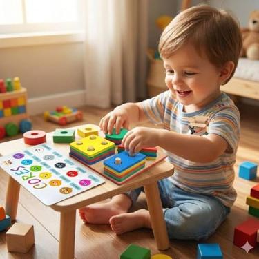 Imagem de Brinquedo Pedagógico Educativo Madeira MDF Prancha Seleção Infantil Encaixe Formas Geométricas (Prancha + Cores Balão)