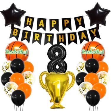 Imagem de Balão esportivo preto de 8 anos, decoração esportiva de 8 anos, 8º aniversário, troféu de basquete, 8 balões, tema esportivo de basquete dourado, decoração de festa para crianças, meninos, decoração