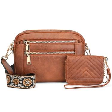 Imagem de BAIGIO Bolsas transversais femininas de couro vegano, bolsas de ombro pequenas com alça larga ajustável, Marrom - 2 peças