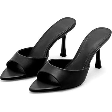 Imagem de Wnshonzy Sandálias de salto para mulheres, bico fino, bico aberto, salto alto, salto agulha mula, sem cadarço, sexy, na moda, Preto fosco, 38 BR