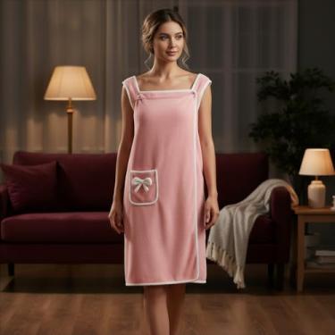 Imagem de Saia de banho envolvente com botões seguros, envoltório de toalha de lã coral macio absorvente (rosa)