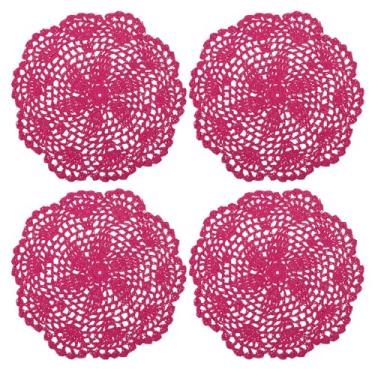 Imagem de Doilies de crochê, 4 peças de 20 cm - porta-copos de crochê feito à mão, jogo americano de renda redonda com padrões florais para decoração de festa de casamento (rosa vermelha)