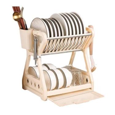 Imagem de Escorredor de pratos duplo multifuncional, suporte para armazenamento de cozinha(Bege)