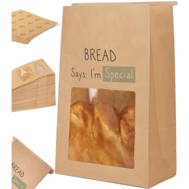 Imagem de Perenllareta 100 peças, 2 sacos de pão de papel marrom mais espessos com abas | Armazenamento de pão redondo Kraft caseiro para embalagem de presente | Saco grande de presente de massa azeda de