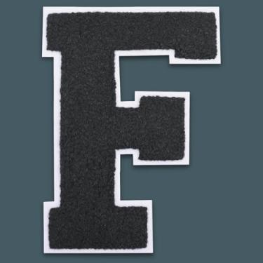 Imagem de QianSiLi Remendos de letras universitárias de chenille preto de 15 cm, letras grandes para jaquetas Letterman, moletons com capuz, mochilas, coletes, roupas, adesivos individuais da letra F
