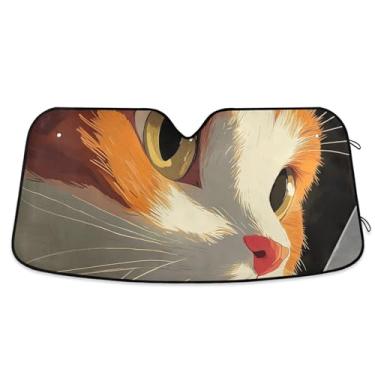 Imagem de Adorável protetor solar de carro laranja com arte de rosto de gato para para-brisa protetor solar retrátil universal para para-brisa dianteiro de carro impressões de animais M, 139,7 cm x 70,1 cm