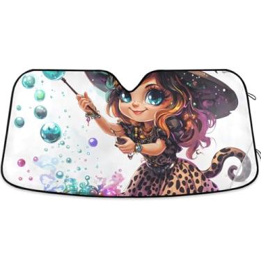 Imagem de Toldo de sol personalizado de bruxa de Halloween para para-brisa de carro caminhão dobrável retrátil engraçado protetor de para-brisa automotivo L, 144,8 cm x 80 cm