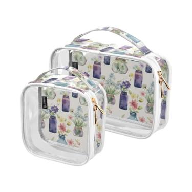 Imagem de GAIGEO Bolsa transparente de viagem com limão em aquarela quadriculada aprovada pela Tsa, bolsa para cosméticos, bolsa de higiene feminina de viagem, pacote com 2, Buquê de vaso roxo em aquarela, one