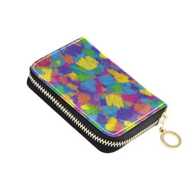 Imagem de Carteira feminina de couro com porta-cartões com bloqueio de RFID, pequeno porta-moedas com chaveiro, pincel colorido roxo e amarelo