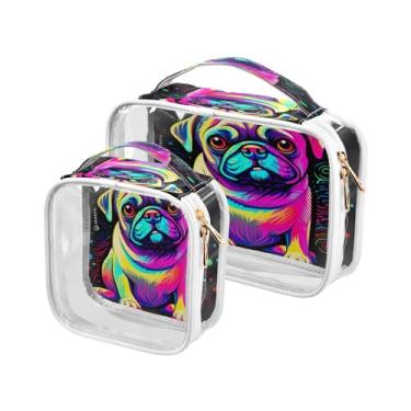 Imagem de GAIGEO Monster Trucks em azul com veículos coloridos, bolsa de maquiagem transparente, bolsa de armazenamento transparente, bolsas de acessórios de viagem, pacote com 2, Cachorro Pug em cores