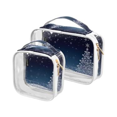 Imagem de GAIGEO Conjunto de bolsas de cosméticos transparentes de Natal, bolsas de maquiagem de plástico transparente com zíper, acessórios de viagem para cosméticos, pacote com 2, Neve azul com árvore de
