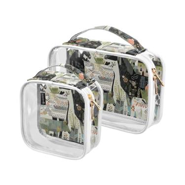 Imagem de GAIGEO Conjunto de 2 bolsas de maquiagem transparente para animais de ovelha, plantas, verde-petróleo, colagem, bolsa de viagem, produto de cabelo, Colagem de animais de ovelha verde-azulado, one size