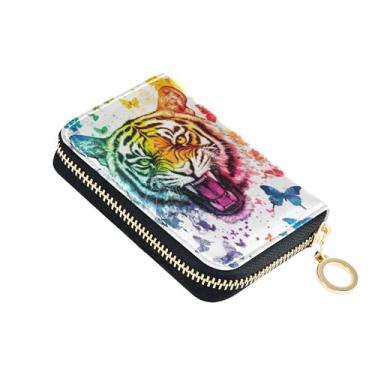 Imagem de Carteira pequena feminina protetora de cartão de crédito com bloqueio de RFID, bolsa de moedas de couro com zíper, porta-chaves, aquarela, tigre colorido