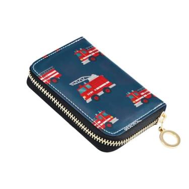 Imagem de Carteira feminina com zíper com porta-cartões com bloqueio de RFID, carteira pequena para moedas com zíper desenho animado caminhões de bombeiros vermelho azul