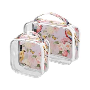 Imagem de GAIGEO Conjunto de 2 sacos de higiene pessoal transparentes, tabuleiro de xadrez verde com margaridas brancas, conjunto de bolsas transparentes para viagem, Pássaros coloridos com flores - 3, one size