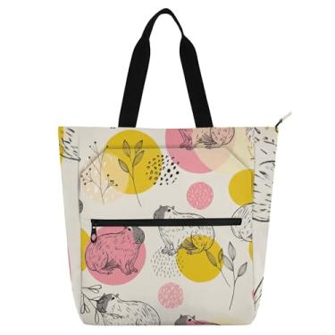 Imagem de GAIGEO Rosa Amarelo Capivaras Bege Bolsas de Trabalho para Mulheres Lona Escolar Bolsa Livro Bolsa Presente de Viagem para Amantes de Livros Bolsas