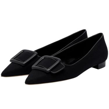 Imagem de Divanne Sapatilhas para mulheres, bico fino, fivela, sapatilhas, sapatilhas, sem cadarço, confortáveis, para trabalho, escritório, negócios, Preto, 40