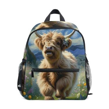 Imagem de GAIGEO Spring Floral Highland Cow Calf Kids Small Backpack Small Girls Backpack with Front Pocket, Safety Whistle for Ages 3-8