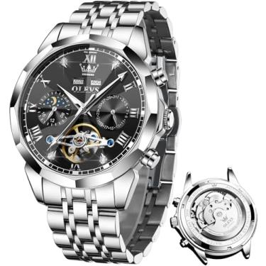 Imagem de OLEVS Relógios de pulso masculinos automáticos mecânicos luxuosos, mostrador grande, turbilhão, esqueleto, luminoso, G6620: pulseira prata e mostrador preto, Presente de festa clássico casual de luxo
