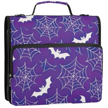 Imagem de Organizador de fichário com zíper impresso, fichários de 3 anéis, 3 anéis, morcegos brancos, roxos, vários bolsos, pastas de portfólio grande com alça, bolsa de ensino médio, 34,5 x 31,5 x 9 cm